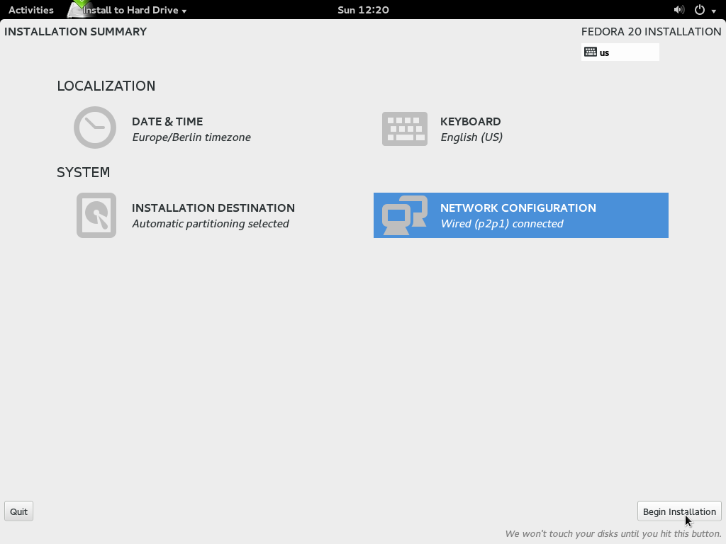 Fedora 20 Installation Screen